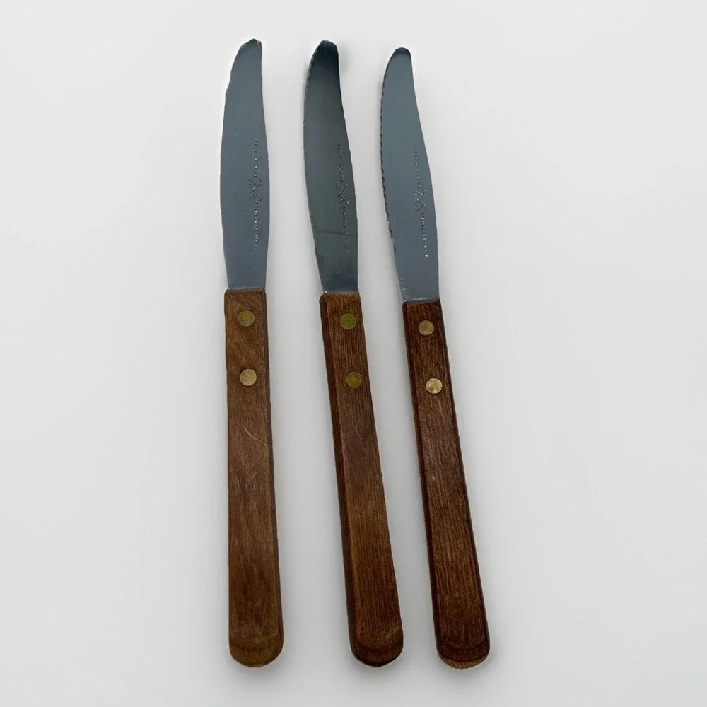 Vintage EKCO Forge Stainless U.S.A. Serrated Steak Knives‎ (3)  Wood Handle